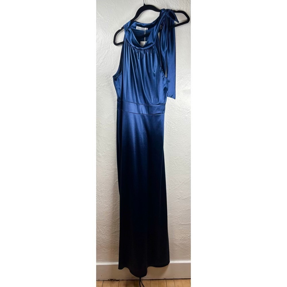 NWT Haisora Blue Satin Halter Neck Maxi Dress Bow Tie Detail‎ Sz XL Prom Formal